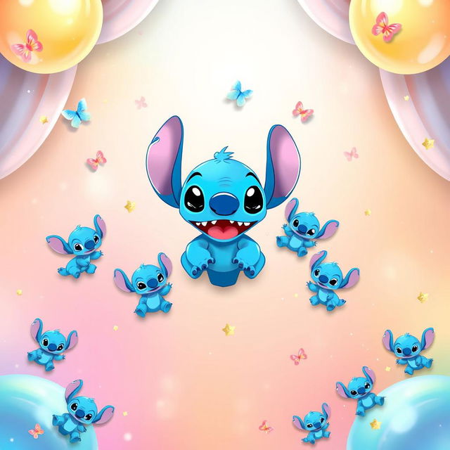 A vibrant background design featuring a soft gradient of pastel colors with playful blue animated aliens similar to Stitch and butterflies scattered throughout