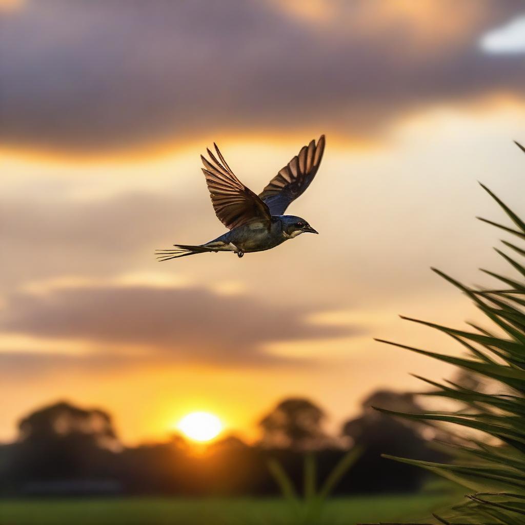 An African swallow in mid-flight, gripping a ripe coconut in its beak, contrasting against a beautiful African sunset in the background