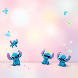 A vibrant background design featuring a soft gradient of pastel colors with playful blue animated aliens similar to Stitch and butterflies scattered throughout