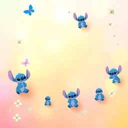 A vibrant background design featuring a soft gradient of pastel colors with playful blue animated aliens similar to Stitch and butterflies scattered throughout