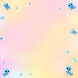 A vibrant background design featuring a soft gradient of pastel colors with playful blue animated aliens and butterflies scattered throughout