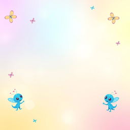 A vibrant background design featuring a soft gradient of pastel colors with playful blue animated aliens and butterflies scattered throughout
