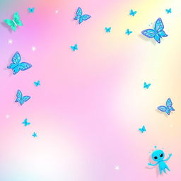 A vibrant background design featuring a soft gradient of pastel colors with playful blue animated aliens and butterflies scattered throughout