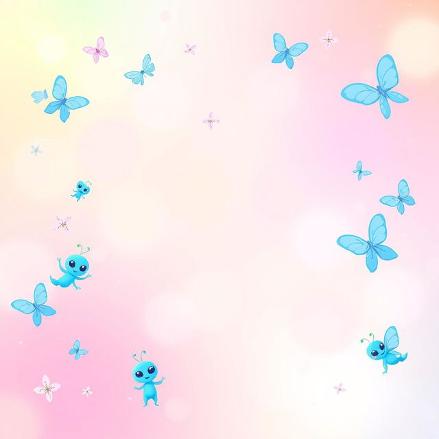 A vibrant background design featuring a soft gradient of pastel colors with playful blue animated aliens and butterflies scattered throughout