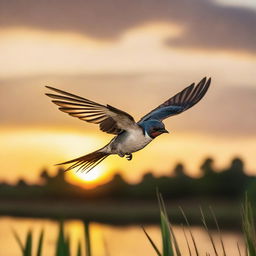 An African swallow in mid-flight, gripping a ripe coconut in its beak, contrasting against a beautiful African sunset in the background