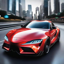 A futuristic Toyota Supra, crafted from astounding, luminescent diamonds, its sleek lines and advanced design shining bright as it cruises the city streets of tomorrow