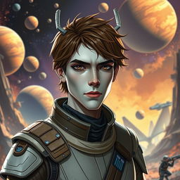 A male Balosar character from the Star Wars universe with brown hair and pale skin, wearing a detailed space outfit