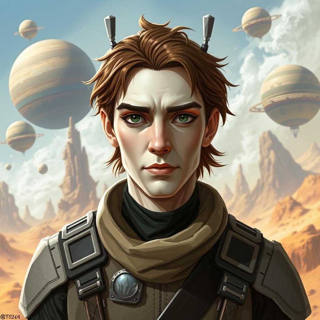 A male Balosar character from the Star Wars universe with brown hair and pale skin, wearing a detailed space outfit