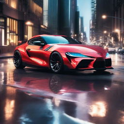 A futuristic Toyota Supra, crafted from astounding, luminescent diamonds, its sleek lines and advanced design shining bright as it cruises the city streets of tomorrow