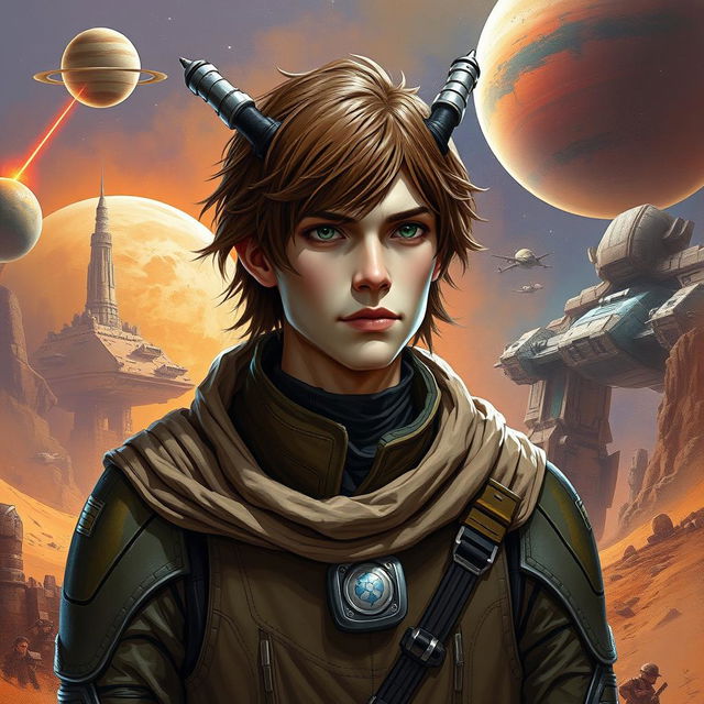 A male Balosar character from the Star Wars universe with brown hair and pale skin, wearing a detailed space outfit