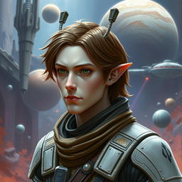 A male Balosar character from the Star Wars universe with brown hair and pale skin, wearing a detailed space outfit