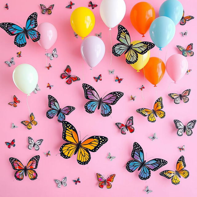 A vibrant pink background filled with colorful butterflies soaring gracefully throughout the scene