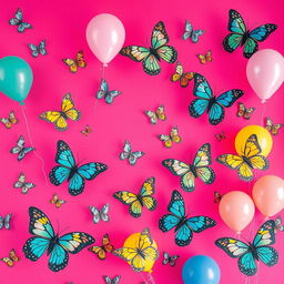 A vibrant pink background filled with colorful butterflies soaring gracefully throughout the scene
