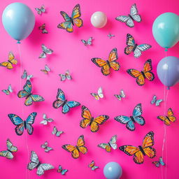 A vibrant pink background filled with colorful butterflies soaring gracefully throughout the scene