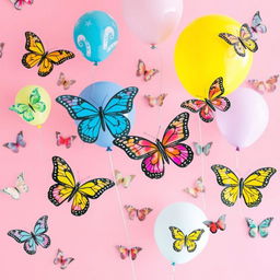 A vibrant pink background filled with colorful butterflies soaring gracefully throughout the scene