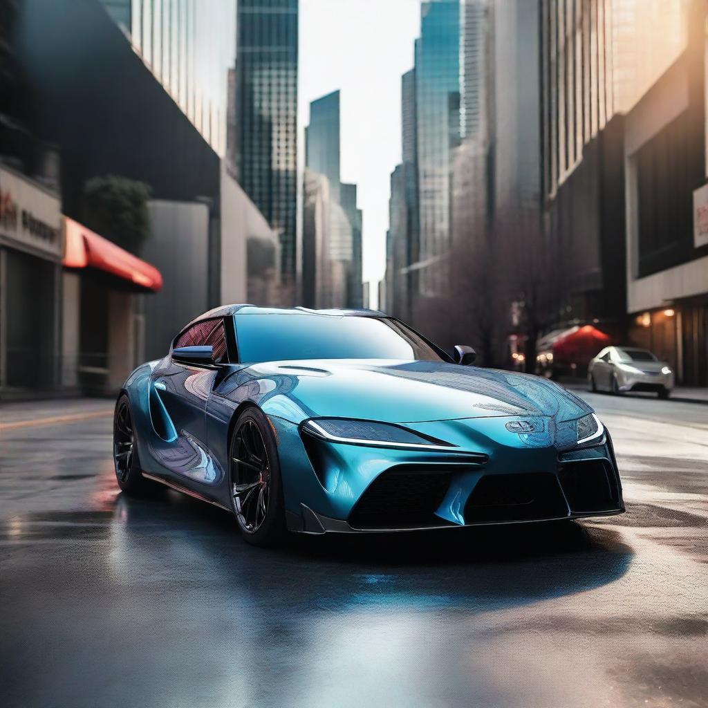 A futuristic Toyota Supra, crafted from astounding, luminescent diamonds, its sleek lines and advanced design shining bright as it cruises the city streets of tomorrow