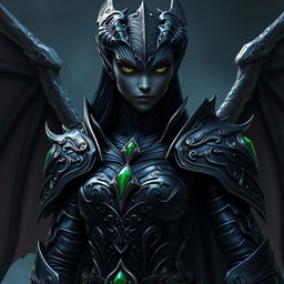 A female black dragonborn character with striking green eyes, clad in impressive black paladin armor inspired by the Raven Queen from Dungeons & Dragons