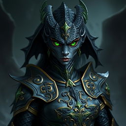 A female black dragonborn character with striking green eyes, clad in impressive black paladin armor inspired by the Raven Queen from Dungeons & Dragons