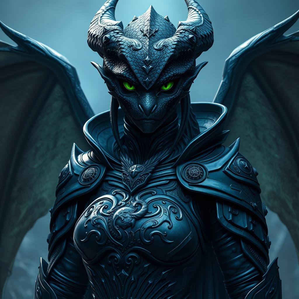 A female black dragonborn character with striking green eyes, clad in impressive black paladin armor inspired by the Raven Queen from Dungeons & Dragons