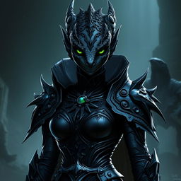 A female black dragonborn character with striking green eyes, clad in impressive black paladin armor inspired by the Raven Queen from Dungeons & Dragons