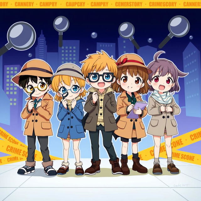 Five children dressed as detectives, three boys and two girls, in a colorful anime style