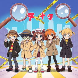 Five children dressed as detectives, three boys and two girls, in a colorful anime style