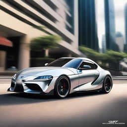 A futuristic Toyota Supra, crafted from astounding, luminescent diamonds, its sleek lines and advanced design shining bright as it cruises the city streets of tomorrow