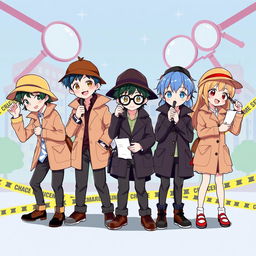 Five children dressed as detectives, three boys and two girls, in a colorful anime style