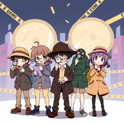 Five children dressed as detectives, three boys and two girls, in a colorful anime style