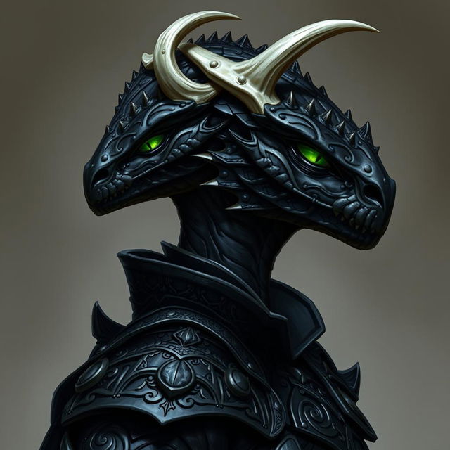 A side profile portrait of a female black dragonborn from Dungeons & Dragons 5