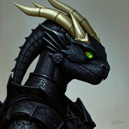 A side profile portrait of a female black dragonborn from Dungeons & Dragons 5