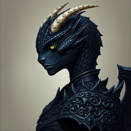 A side profile portrait of a female black dragonborn from Dungeons & Dragons 5