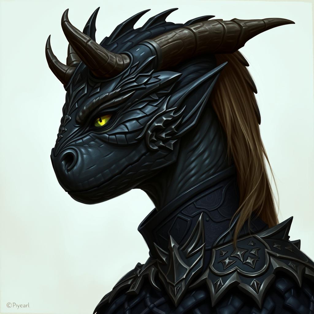 A side profile portrait of a female black dragonborn from Dungeons & Dragons 5