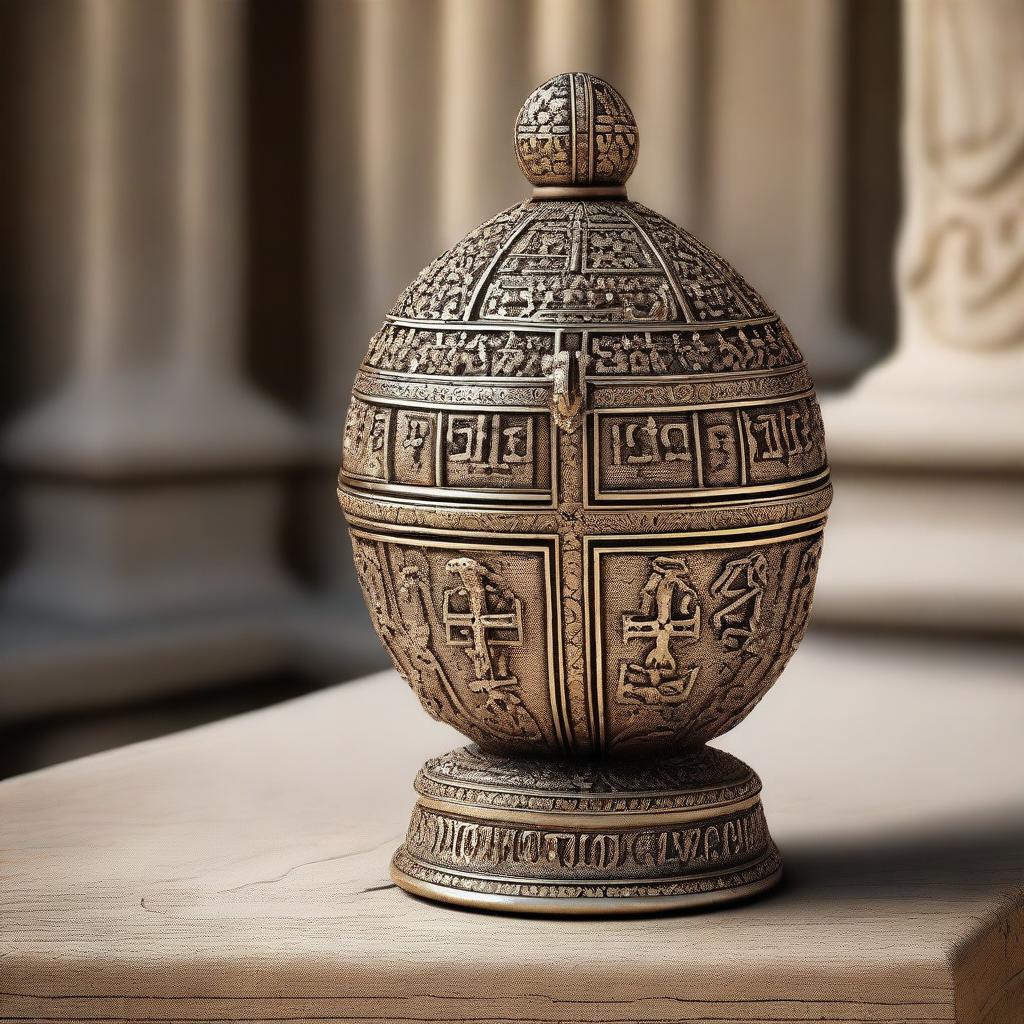 A beautifully detailed holy hand grenade of Antioch, adorned with crosses and intricate designs, resting on an ancient stone pedestal under a soft, divine light