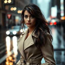 A beautiful woman standing in the rain, wearing a stylish coat that accentuates her figure