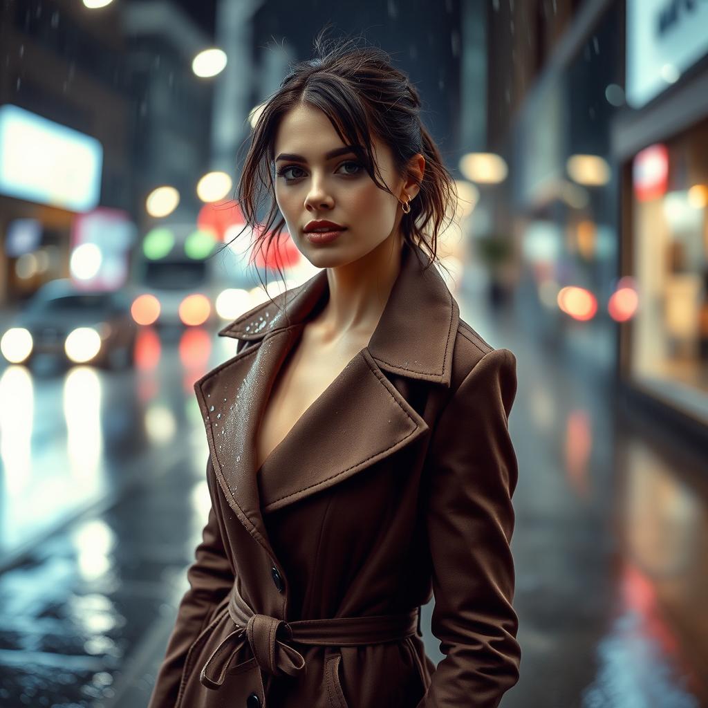 A beautiful woman standing in the rain, wearing a stylish coat that accentuates her figure