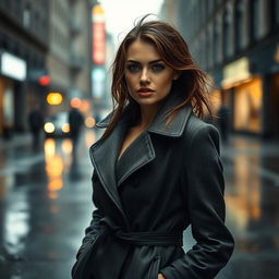 A beautiful woman standing in the rain, wearing a stylish coat that accentuates her figure