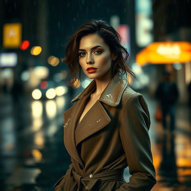 A beautiful woman standing in the rain, wearing a stylish coat that accentuates her figure