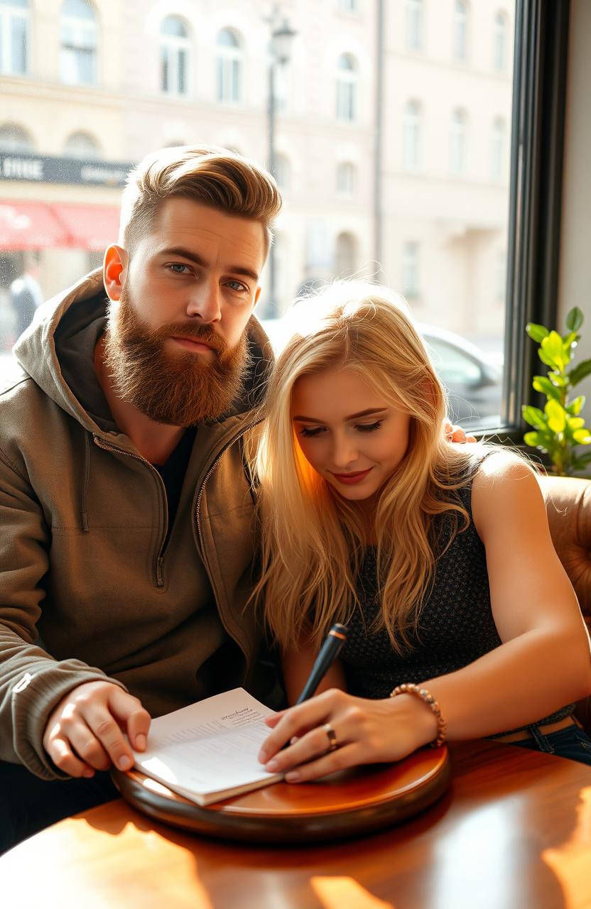 A blonde girl is writing a letter