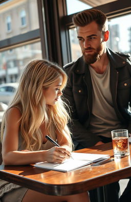 A blonde girl is writing a letter