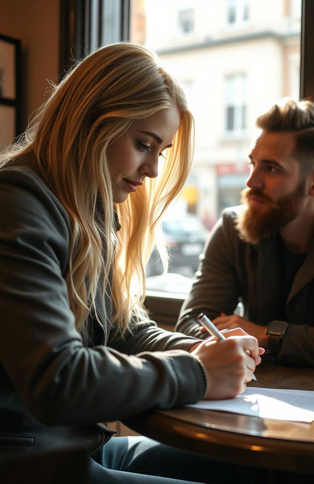 A blonde girl is writing a letter