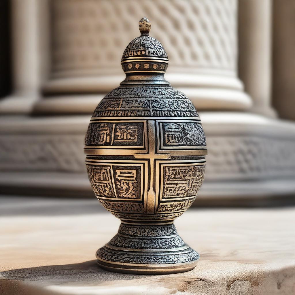 A beautifully detailed holy hand grenade of Antioch, adorned with crosses and intricate designs, resting on an ancient stone pedestal under a soft, divine light