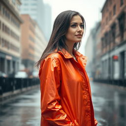 A beautiful woman standing in the rain, wearing a vibrant raincoat that enhances her elegance and style