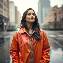 A beautiful woman standing in the rain, wearing a vibrant raincoat that enhances her elegance and style