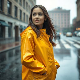 A beautiful woman standing in the rain, wearing a vibrant raincoat that enhances her elegance and style