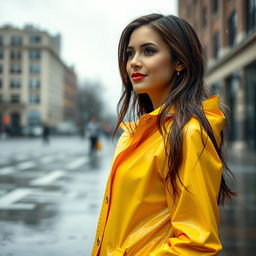 A beautiful woman standing in the rain, wearing a vibrant raincoat that enhances her elegance and style