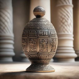 A beautifully detailed holy hand grenade of Antioch, adorned with crosses and intricate designs, resting on an ancient stone pedestal under a soft, divine light