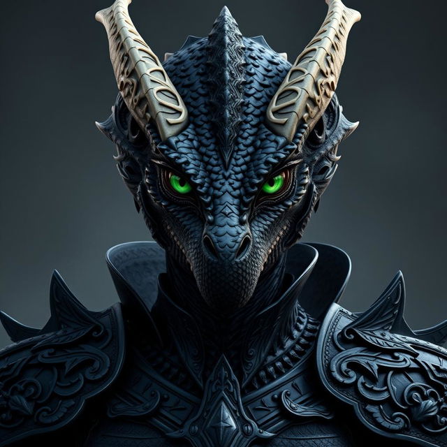 A highly detailed and realistic portrayal of a female black dragonborn with a fully reptilian face, devoid of any human characteristics