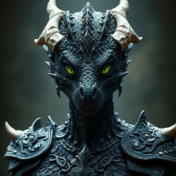 A highly detailed and realistic portrayal of a female black dragonborn with a fully reptilian face, devoid of any human characteristics