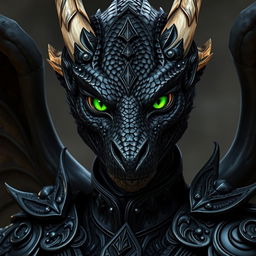 A highly detailed and realistic portrayal of a female black dragonborn with a fully reptilian face, devoid of any human characteristics